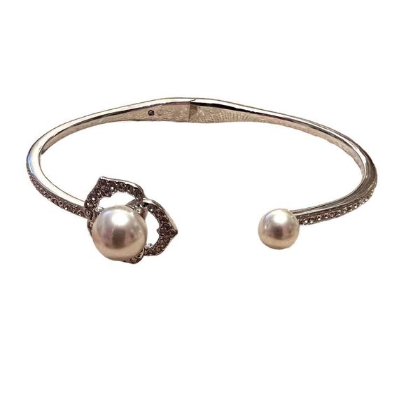 Rhinestone Pearl Silver Tone Clamper Bracelet - Picture 2 of 5